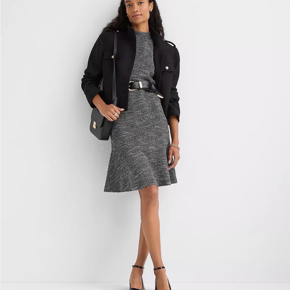 NWT LOFT Black & White Heathered Jacquard Flounce Dress